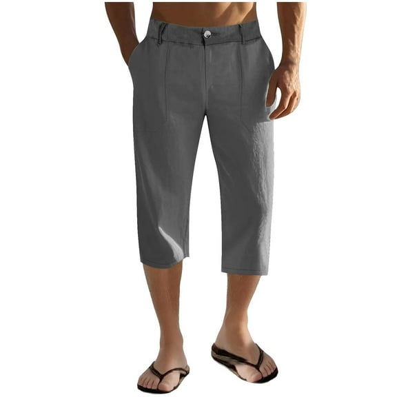 zbxnLI Men's Capri Pants Casual Linen Pants Straight Leg Capris Summer Beach Crop Pants with Pockets