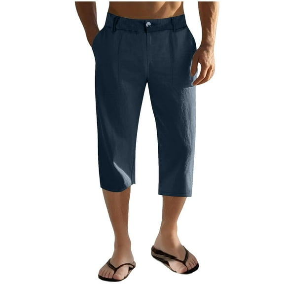 zbxnLI Men's Capri Pants Casual Linen Pants Straight Leg Capris Summer Beach Crop Pants with Pockets