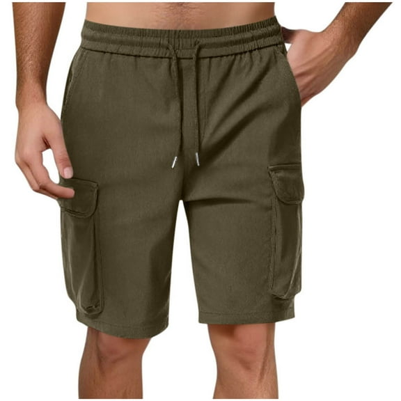 zbxnLI Men's Cargo Shorts Summer Cotton Shorts Elastic Waist Drawstring Casual Shorts with Multiple Pockets