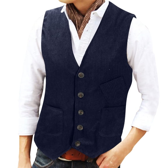 zbxnLI Men's Corduroy Vests Dress Waistcoats Vintage V Neck Buttoned Sleeveless Outerwear Vests for Men
