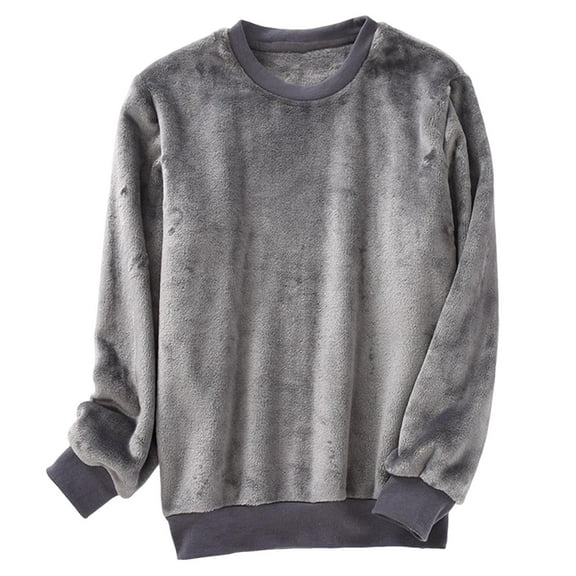 zbxnLI Men's Fleece Pajama Tops Long Sleeve Crewneck Sleepwear Fall Winter Fuzzy Pullover Sweatshirts
