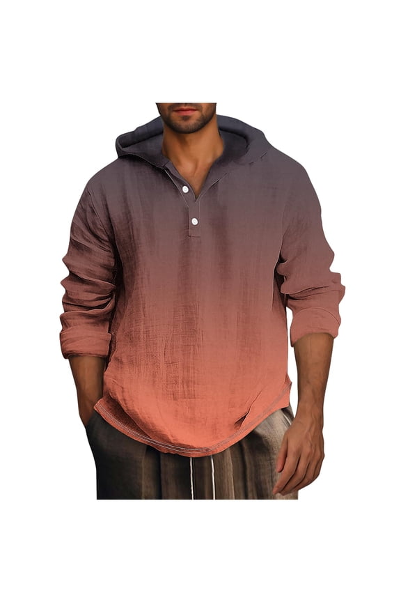 Men's Linen Hoodies Button V Neck Long Sleeve Shirts Lightweight Spring Fall Pullover Tops for Men
