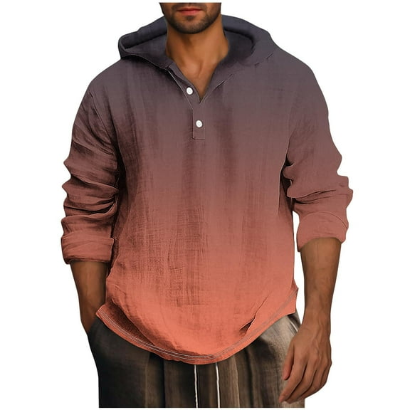 zbxnLI Men's Linen Hoodies Button V Neck Long Sleeve Shirts Lightweight Spring Fall Pullover Tops for Men