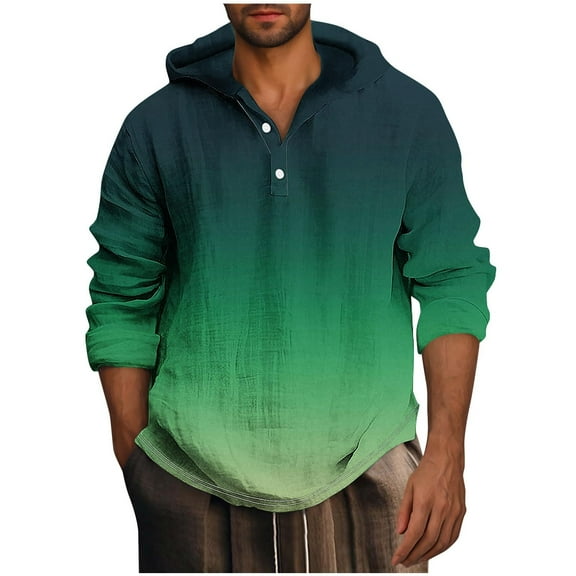 zbxnLI Men's Linen Hoodies Button V Neck Long Sleeve Shirts Lightweight Spring Fall Pullover Tops for Men