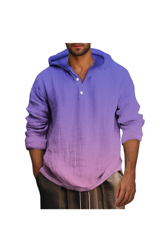 Men's Linen Hoodies Button V Neck Long Sleeve Shirts Lightweight Spring Fall Pullover Tops for Men