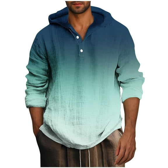 zbxnLI Men's Linen Hoodies Button V Neck Long Sleeve Shirts Lightweight Spring Fall Pullover Tops for Men