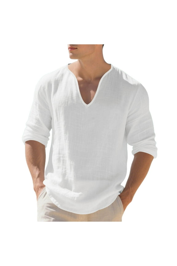 Men's Linen Shirts Plain Long Sleeve T-Shirts V Neck Lightweight Casual Basic Tees for Men