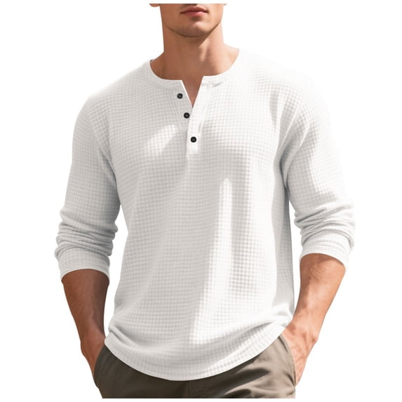 zbxnLI Men's Long Sleeve Casual Shirts V Neck Button Classic T Shirts Textured Pullover Basic Tee Tops