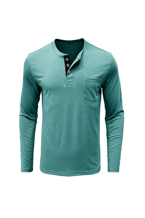 Men's Pocket T-Shirts Buttoned Crew Neck Long Sleeve Shirts Cotton Tees Loose Pullover Tops