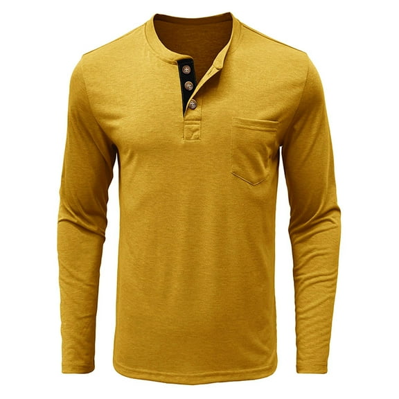 zbxnLI Men's Pocket T-Shirts Buttoned Crew Neck Long Sleeve Shirts Cotton Tees Loose Pullover Tops