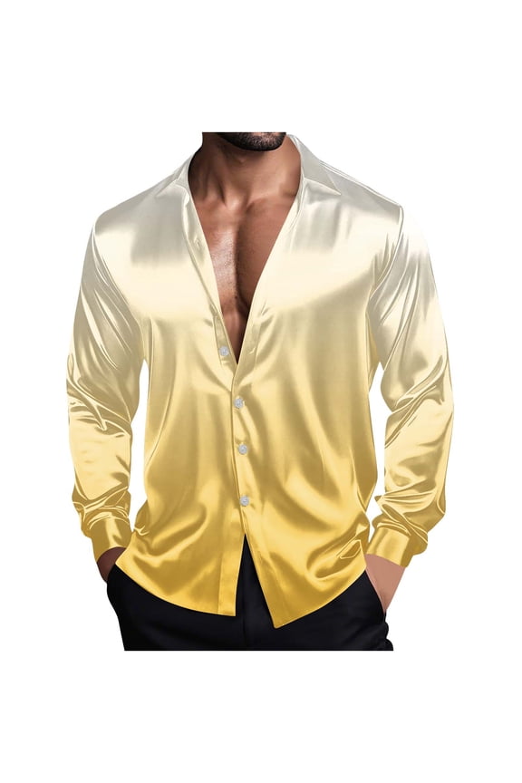 Men's Satin Button down Shirt Silk Long Sleeve Dress Shirts Club Party Wedding Collared Shirt for Men