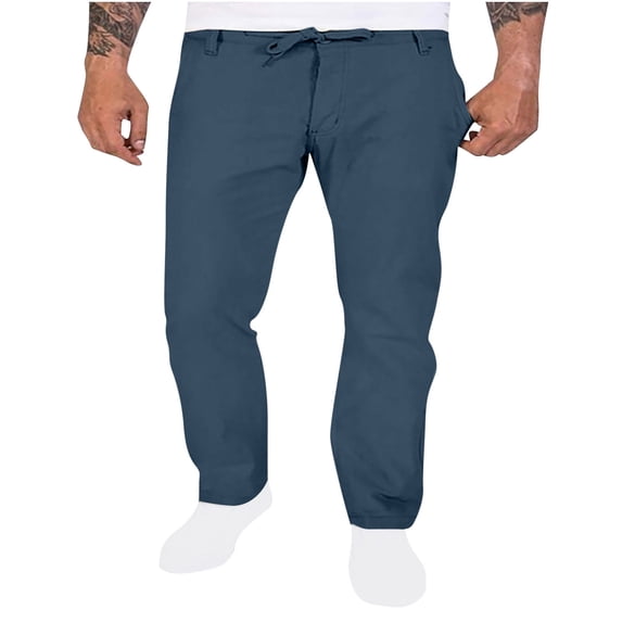 zbxnLI Men's Summer Linen Pants Pull on Drawstring Straight Leg Trousers Lightweight Work Pants with Pockets