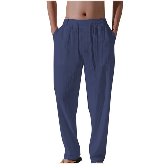 zbxnLI Mens Linen Pants Drawstring Elastic Waist Casual Pants Beach Vacation Trousers with Pockets