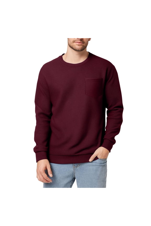 Mens Pocket Sweatshirts Crew Neck Casual Loose Pullover Tops Long Sleeve Shirts Solid Color