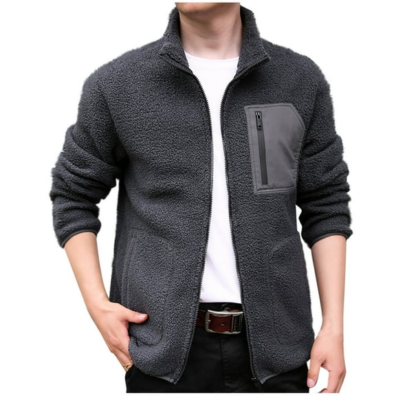 zbxnLI Mens Winter Fleece Jacket Warm Zip up Fuzzy Coat Long Sleeve Stand Collar Casual Outerwear with Pockets