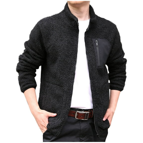 zbxnLI Mens Winter Fleece Jacket Warm Zip up Fuzzy Coat Long Sleeve Stand Collar Casual Outerwear with Pockets