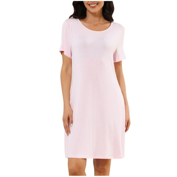 zbxnLI Nightgowns for Women Short Sleeve Sleep T-Shirts Casual Soft Sleep Dress Sleepwear Dress Solid Color
