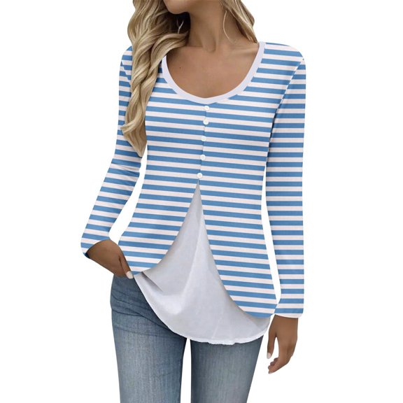 zbxnLI Oversized Striped Long Sleeve Shirts for Womens Crew Neck Casual Shirts Fashion Loose Clothing Tunic Tops