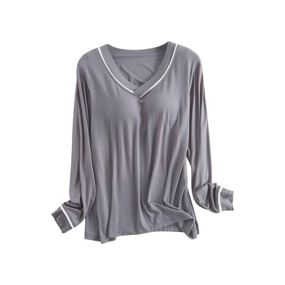 zbxnLI Pajama Tops for Women V Neck Long Sleeve Shirts with Built in Bras Soft Lounge Tops
