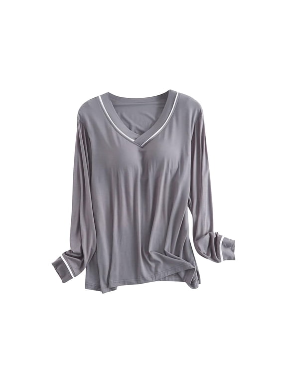 Pajama Tops for Women V Neck Long Sleeve Shirts with Built in Bras Soft Lounge Tops