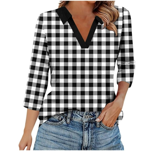 zbxnLI Plaid Blouse for Women's 3/4 Sleeve Shirts V Neck Collared Tops Business Work Blouses Spring Outfits