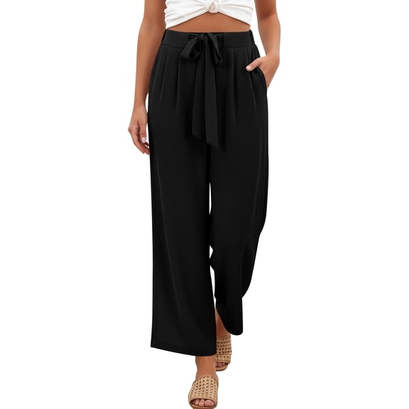 zbxnLI Plain Pants Women's Wide Leg Pant Front Tie High Waist Trousers Ladies Flowy Dress Vacation Outfits with Pockets
