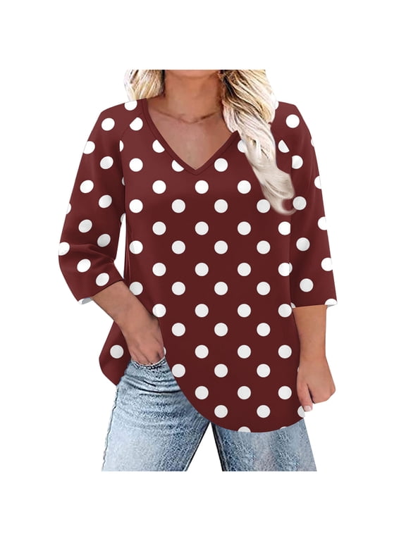 Plus Size 3/4 Sleeves T shirt Women's V Neck Loose Top Polka Dotbasic Tee Summer Business Shirts L-5XL