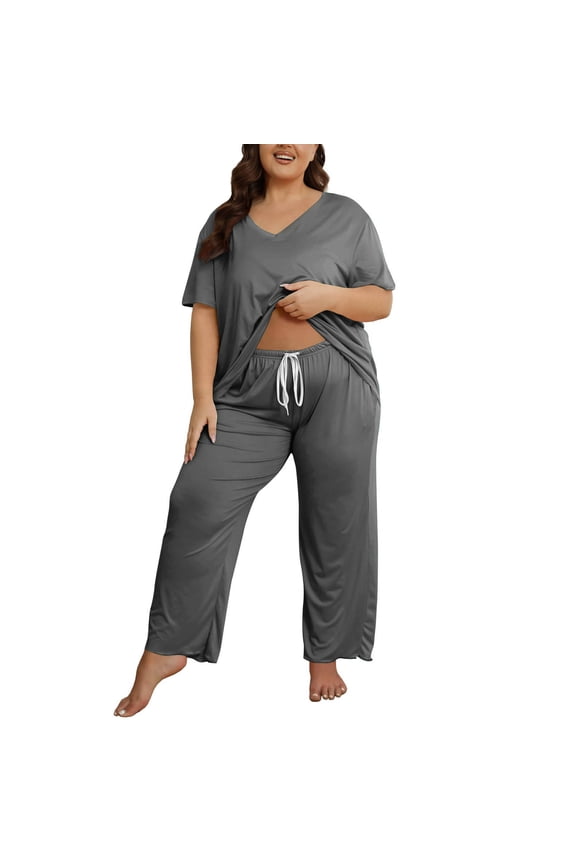 Plus Size Pajama Set for Women Comfy Sleepwear Short Sleeve Tee Tops and Long Pants Ladies Loungewear Sets