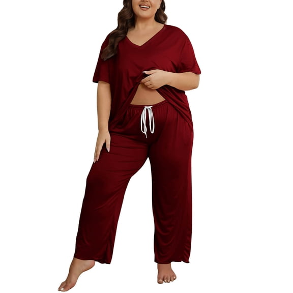 zbxnLI Plus Size Pajama Set for Women Heart Graphic Sleepwear Tee Tops and Pants Ladies Lounge Sets