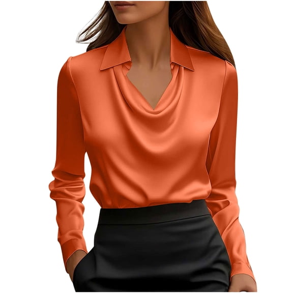 zbxnLI Plus Size Plain Blouse for Women's Satin Silk Tops Long Sleeve Blouse Ladies Collared Cowl Neck Shirts