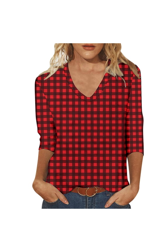 Plus Size Shirts Women 3/4 Sleeve Tops V Neck Top Plaid Shirts Casual Dressy Blouse Fashion Spring Clothes
