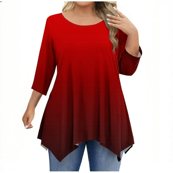 zbxnLI Plus Size Tops for Women 3/4 Sleeve Shirt Crew Neck Casual Loose Dressy Tunic Blouses for Ladies