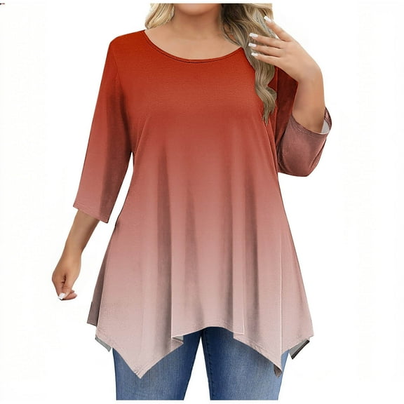 zbxnLI Plus Size Tops for Women 3/4 Sleeve Shirt Crew Neck Casual Loose Dressy Tunic Blouses for Ladies