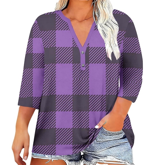 zbxnLI Plus Size Tops for Women V Neck T Shirt 3/4 Sleeve Shirts Plaid Dressy Blouse Casual Spring Clothes L-5XL