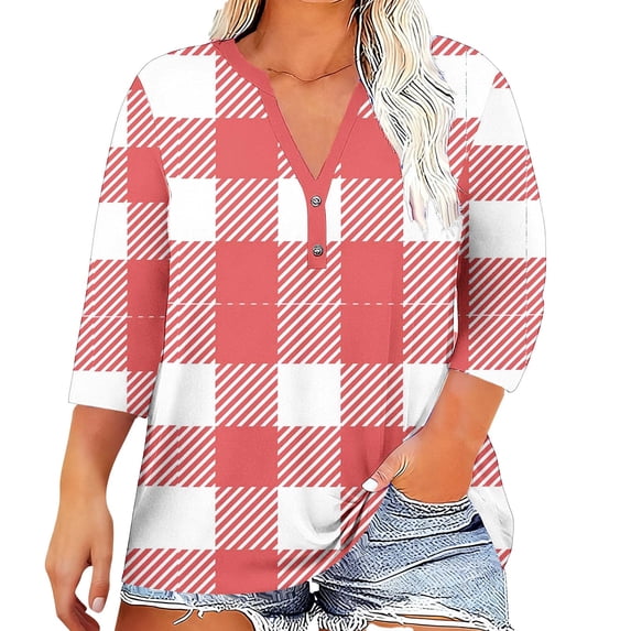 zbxnLI Plus Size Tops for Women V Neck T Shirt 3/4 Sleeve Shirts Plaid Dressy Blouse Casual Spring Clothes L-5XL