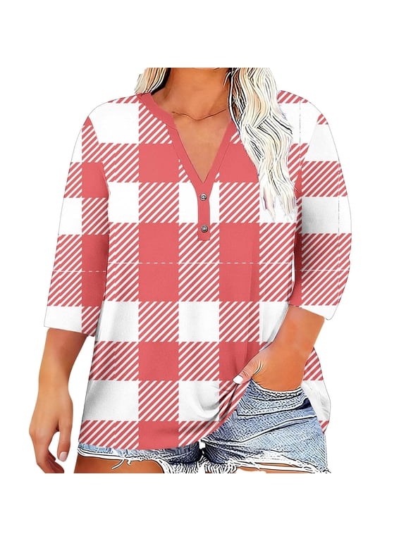 Plus Size Tops for Women V Neck T Shirt 3/4 Sleeve Shirts Plaid Dressy Blouse Casual Spring Clothes L-5XL