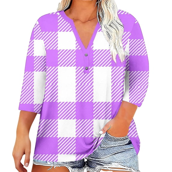 zbxnLI Plus Size Tops for Women V Neck T Shirt 3/4 Sleeve Shirts Plaid Dressy Blouse Casual Spring Clothes L-5XL