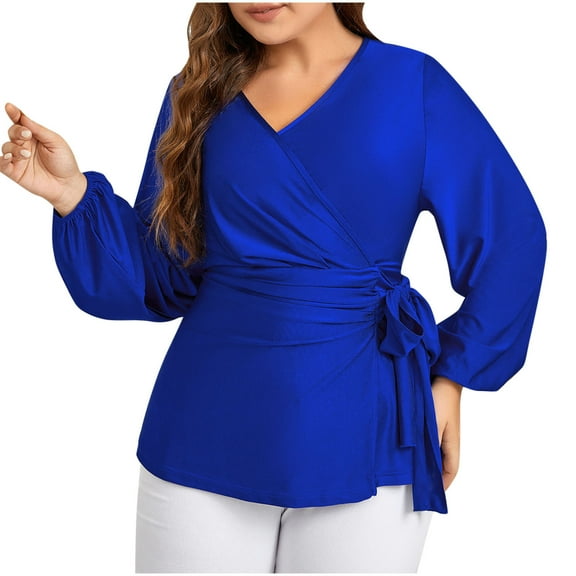 zbxnLI Plus Size Tops for Women Wrap V Neck Long Sleeve Casual Dressy Blouses Womens Tunic Shirts
