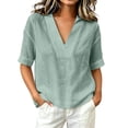 thumbnail image 1 of zbxnLI Plus Size Women Cotton Linen Shirts Short Sleeve Shirt V Neck Tops Casual Beach Vacation Summer Blouse, 1 of 5