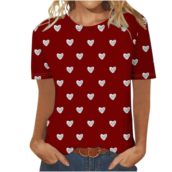 zbxnLI Plus Size Women Heart Printed Shirts Crew Neck Tops Short Sleeve T Shirt Casual Basic Tee Spring Clothes