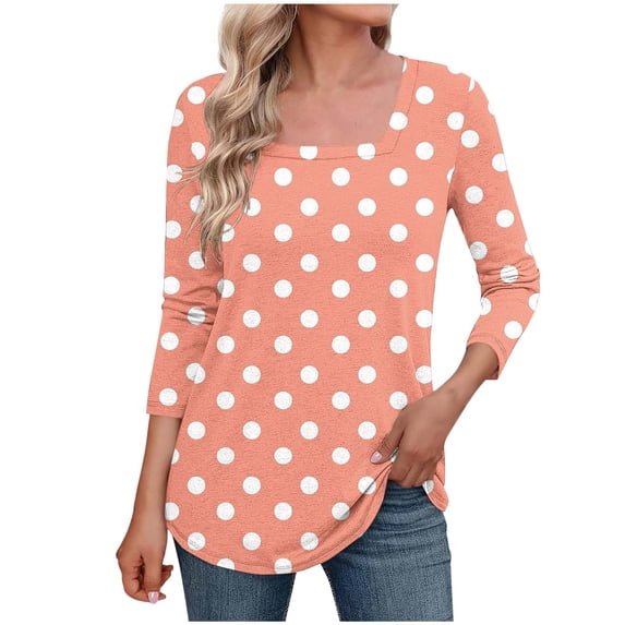 zbxnLI Plus Size Women's Square Neck Tops 3/4 Sleeve Shirts Polka Dot Casual Basic Tees Spring Summer Clothes