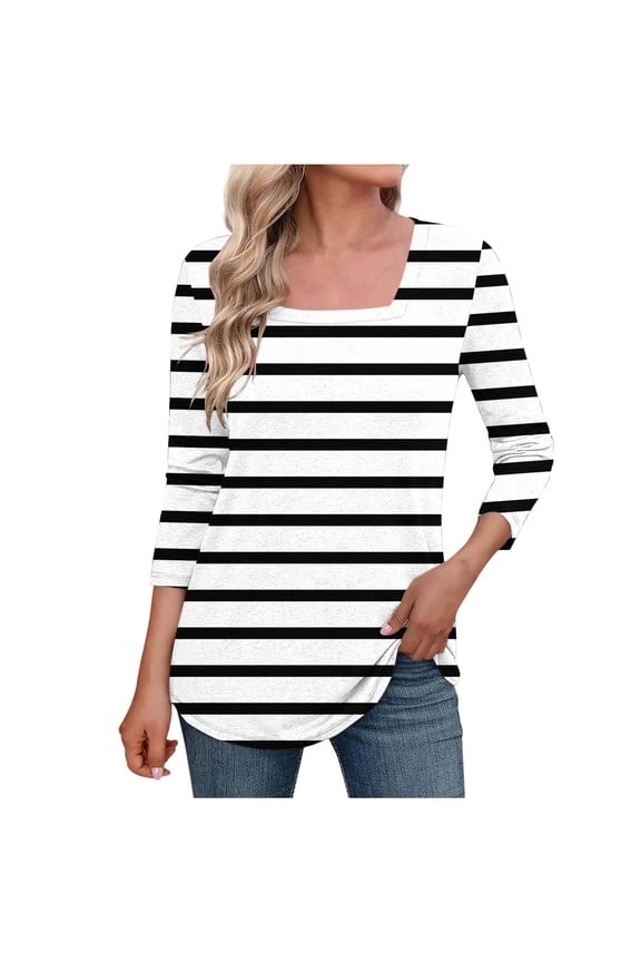 Plus Size Women's Square Neck Tops 3/4 Sleeve Shirts Striped Casual Basic Tees Spring Summer Clothes