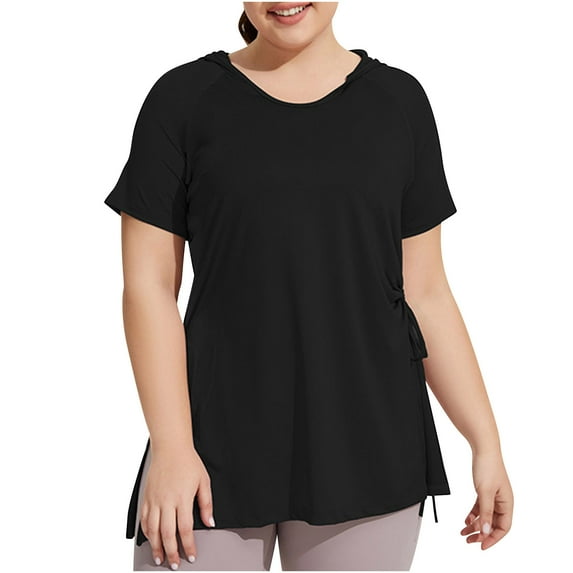 zbxnLI Plus Size Women's Yoga Tops with Hooded Quick Dry Workout Short Sleeve T-Shirts Athletic Tees
