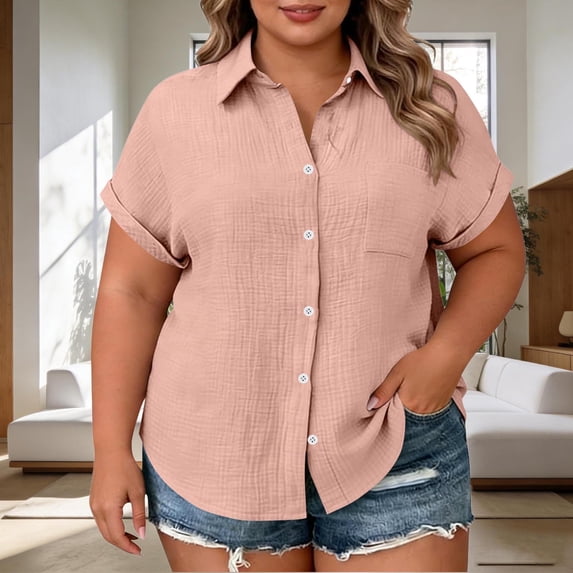 zbxnLI Plus Size Womens Button down Shirts Short Sleeve Shirt Summer Casual Dressy Business Blouse Top L-4XL