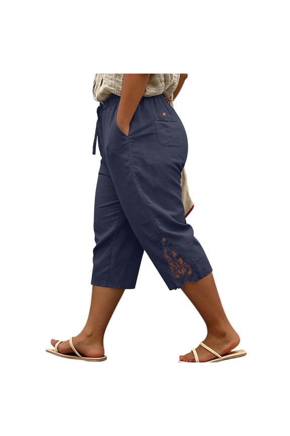 Plus Size Womens Cotton Linen Capris Straight Leg Elastic Waist Capri Pants Vacation Casual Cropped Pant