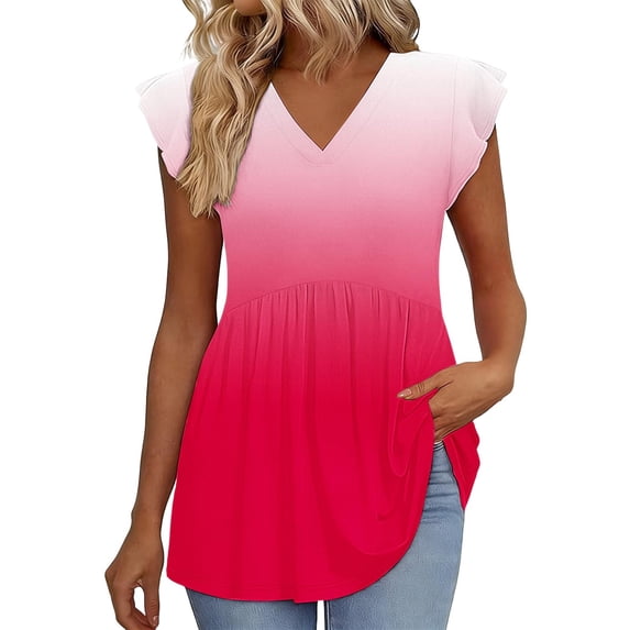 zbxnLI Ruffle Sleeve Tops for Womens V Neck Tunic Shirts Casual Flowy Pleated Top Summer Fashion Vacation Blouse