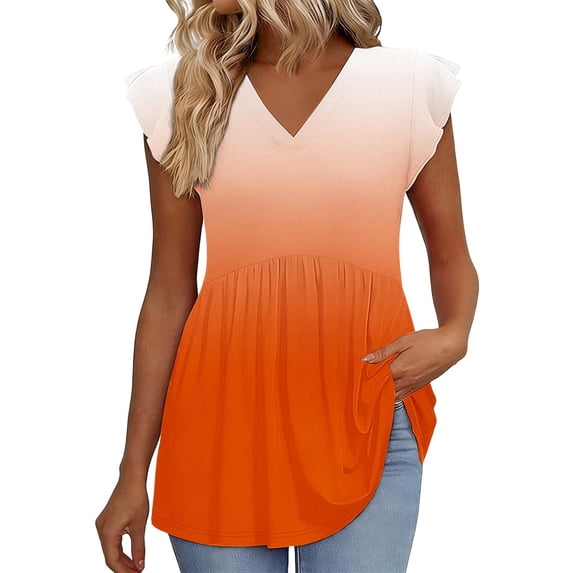 zbxnLI Ruffle Sleeve Tops for Womens V Neck Tunic Shirts Casual Flowy Pleated Top Summer Fashion Vacation Blouse