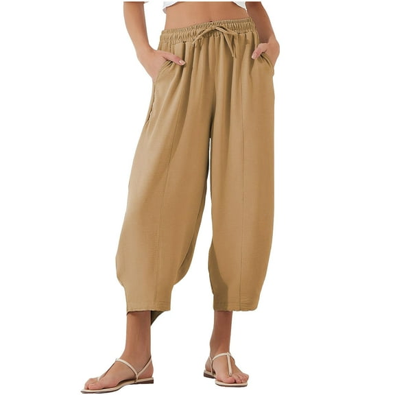 zbxnLI S-3XL Spring Pants for Women's Lounge Elastic Waist Pant Ladies Loose Straight Leg Trouser Comfy Capri Outfits