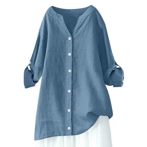 zbxnLI S-5XL Women's Linen Shirts Plus Size Button down Shirts Casual Loose Fall Tops Solid Color