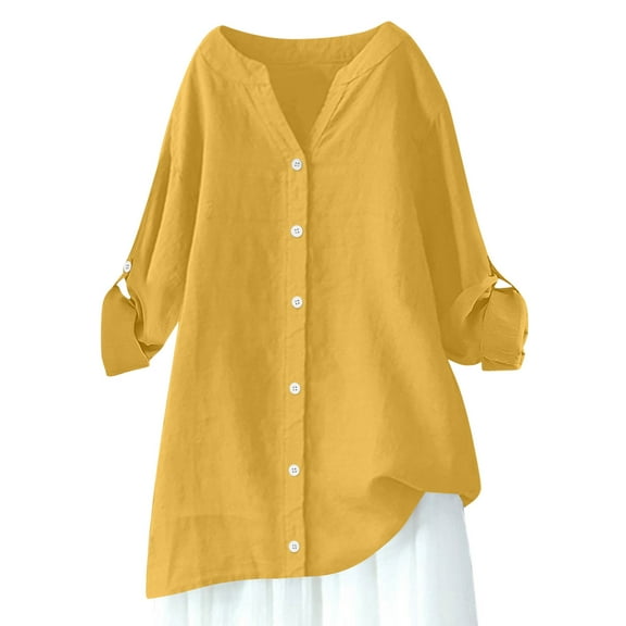 zbxnLI S-5XL Women's Linen Shirts Plus Size Button down Shirts Casual Loose Fall Tops Solid Color